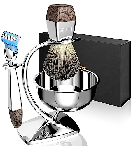 GRUTTI Rasiermesser-Geschenksets für Herren, Manuelles Rasierset mit Rasierhobel Ständer und Rasierschale und Dachshaar-Rasierpinsel und Rasierer (kompatibel mit Fusion 5), Rasierhobel Set Herren