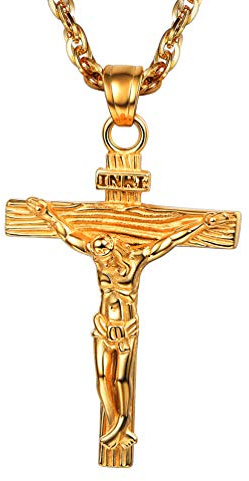 PROSTEEL Män personligt halsband krucifix korshänge med singaporekedja benediktusk kuss religiösa modesmycken för män pojkar rostfritt stål/18k guldpläterad/svart metall/jonplätering blå, Rostfritt