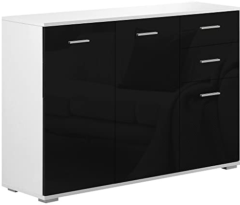 HOMCOM Comò, Mobiletto per Soggiorno e Camera con 3 ante e 2 cassetti, Nero Lucido, Antigraffio (106 x 35 x 76 cm)