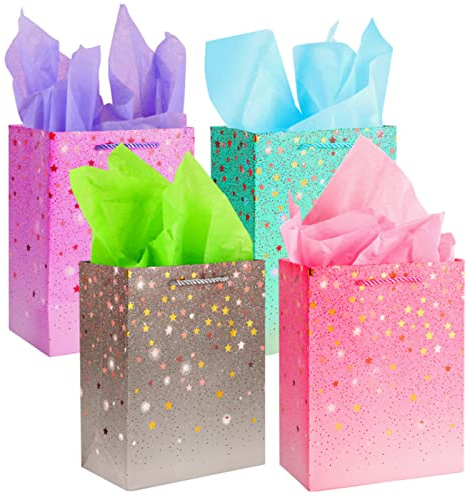 4 Gift Bags (9x7x4 inch) with Tissue Paper and Handle for Graduation Birthday Wedding Baby Shower - Present Bags Set for Women, Men, Kids, Parties