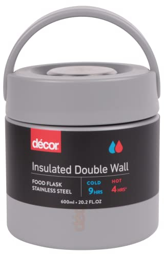 Décor Vacuum Insulated Food Flask 2-in-1 Hot & Cold Stainless Steel Food Container, 600 ml Thermal Food Thermos with Leak-Resistant Carry Handle, Wide Mouth, for Work Travel & Camping - Grey