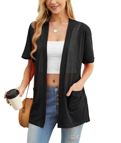 PrinStory Cardigan d'été léger à manches courtes pour femme avec poche décontractée ouverte sur le devant et col en V