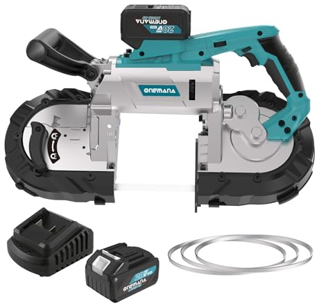 ONEMANA 5 inch Cordless BandSaw，20V Cutting Capacity Brushless Metal Band Saw,Not Hot Sparks, Portable BandSaw for Deep Cut with 6 Speeds Adjustable（ Battery Included）