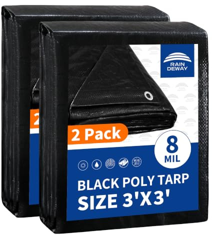 RAINDEWAY Small Black Tarp 3x3 Feet (2 Pack),UV Resistant, Multipurpose Medium Duty Waterproof Poly Tarps, Tent Tarp,Cover with Metal Grommets and Reinforced Edges, Finished Size
