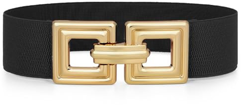 WHIPPY Damen Breiter Elastischer Taillengürtel Stretchy Gürtel für Kleid dehnbarer Hüftgürtel Mode Quadratischer Gold Schnalle,Schwarz 90cm