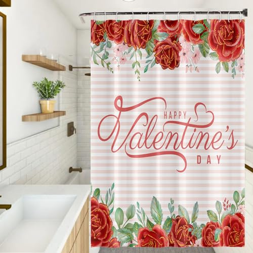JUZGTSIT Cortina de ducha para el día de San Valentín, diseño de rayas florales, telón de fondo, cortina de baño para festival, decoración de baño, juego de tela de poliéster con ganchos, 72 x 72