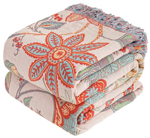 HOORDRY Boho Throw Blanket for Bed,Rustic Bed Throws for Couch Sofa Quilt | 100% Ultra Cotton Soft Breathable Bed Throw Floral Farmhouse Decor 90 x 98-Orange& Sage Green