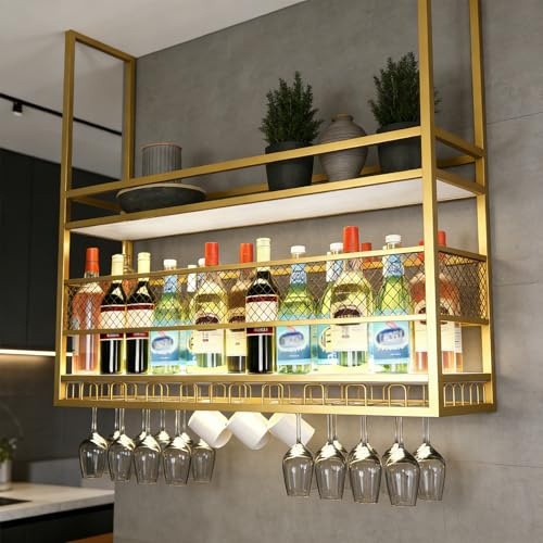 Hängande vinställ, hängande vinglasställ i metall, vinförvaringshållare i två nivåer för bar, för bar, restaurang, café, kök (Guld, 140cm)