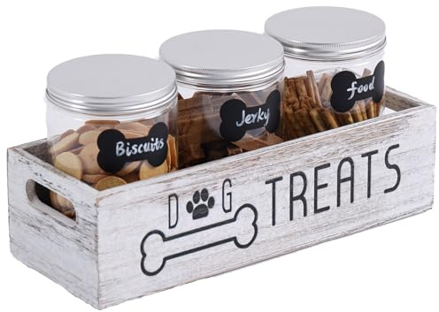 VZODESR Dog Treat Container Cat Food Organizer Box with 3 Jars Personalized Pet Food Storage Containers Dog Treat Station Cat Treat Storage Farmhouse Decor Gift for Pet