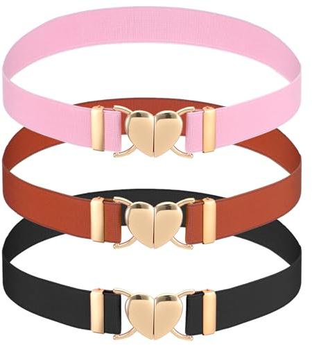 Gsbnjuy 3 stycken bälten för flickor, barnbälte metall flicka med hjärtform spänne, justerbart elastiskt midjebälte, fashionabla barnbälte, bälte barn för klänningar, jeansbyxor, klänning