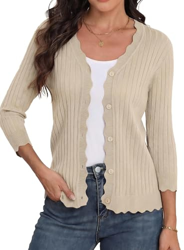 GRECERELLE Cardigans for Women UK 3/4 Sleeve Scalloped Edge | Ribbed Knit Ladies Cardigan Lightweight Slim Fit Button Down Women's Cardigans