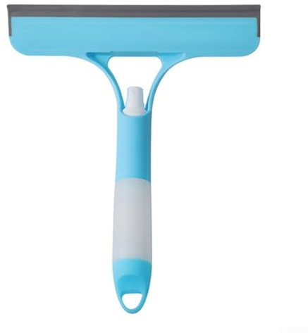 Spray de agua de limpieza de vidrio con raspador de silicona para uso en baño y vehículo, diseñado para eliminar manchas difíciles y exceso de agua (azul)
