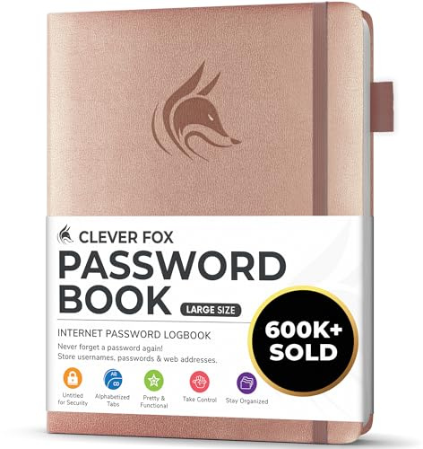 Clever Fox Lösenordsbok med flikar Loggbok med alfabetiska flikar för internetadresser och lösenord Lösenordsbok, journal, anteckningsbok för dator och webbplatsinloggningar, stor (roséguld)