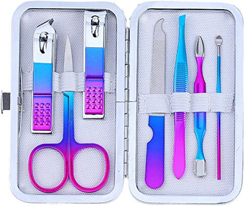 Manicure Pedicure Set Nail Clippers Kit 7 Pcs Stainless Steel Hygiene Kit Portable Nail Trimming set and Grooming Tools with Fine Leather Case [Gift Box] (Rainbow-7pcs)