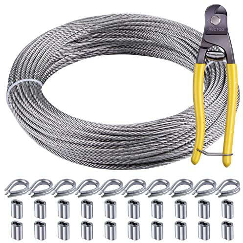 Rectoo 0,3 cm metallkabel, 61 m metallkabel med spännehylsa och fingerborg av stål, 17,8 x 17,8 cm rostfritt stål marin kärna för terrassräckessystem, kit