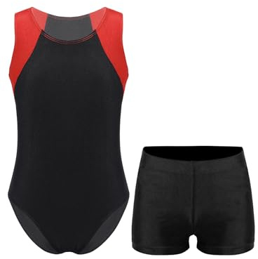 TTAO Kids Boys Gymnastics Leotard Ballet Dance Tumbling Unitard Gym Training Bodysuit with Shorts Set Red&Black 12 Years