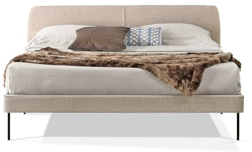 EVERGREENWEB Letto Matrimoniale Francese in doghe in legno e testata quadrata stondata| facile da montare, Letto di Design | Colore Beige |Mod. Tokio