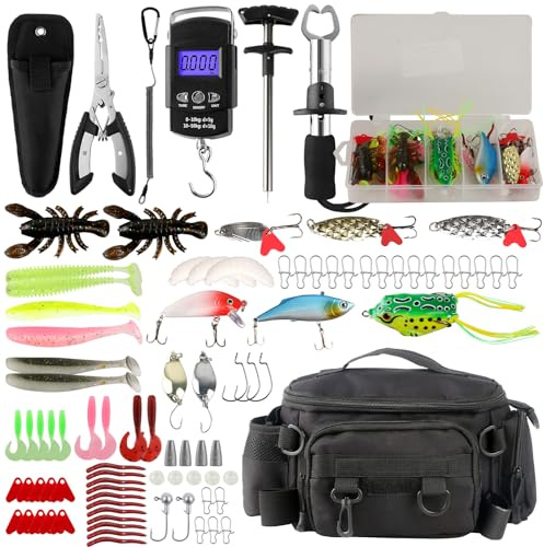 113Pcs Fishing Tool Kit, Fishing Bag, Fishing Pliers Hook Remover, Fish Lip Gripper, Fishing Lures Hook Tackle Box, Handheld Digital Scale, Ice Fly Fishing Gear Accessories Set Fishermen Gift (Black)