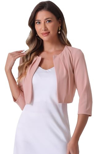 Allegra K Chiffongbolero för dam axelhöjning och 3/4-ärm lätt kofta veckad utan krage, rosa, S