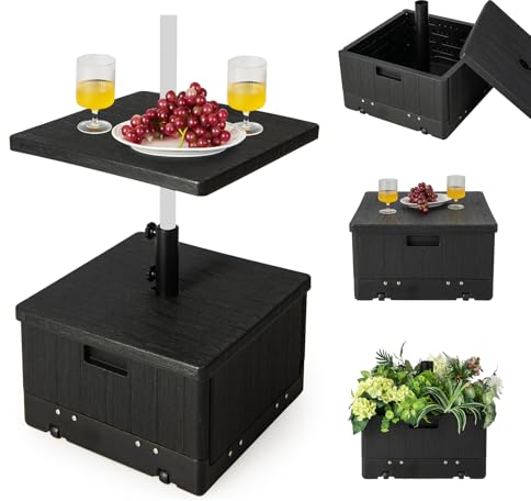 KOMFOTTEU Sonnenschirmständer mit Rollen & Tischablage, Schirmständer befüllbar mit 55 l Wasser/80 kg Sand, für Schirmstöcke von 38/48 mm, Marktschirmständer mit Griff & Gewichtstasche (Schwarz)