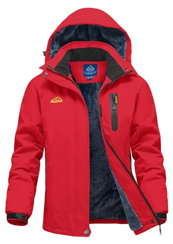donhobo Damen Skijacke Winter Fleecejacke Wasserdichte Winddichte Warme Fleece Gefütterte Funktions Outdoor Wanderjacke Softshell Jacke mit Abnehmbarer Kapuze, Rot, XL