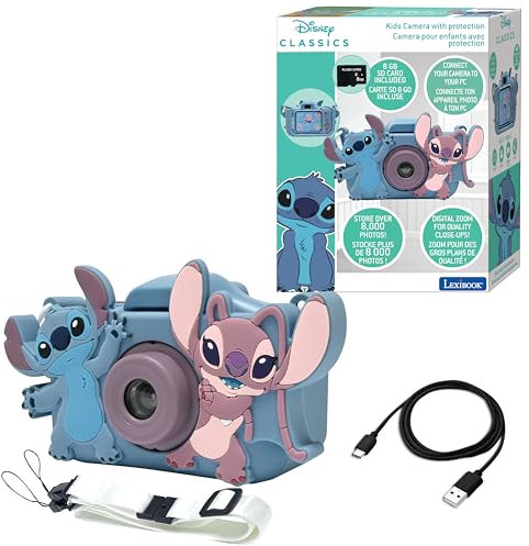 Lexibook DJ078D, Angel, Disney Stitch, 4-in-1 camera for children with protection, video, MP3 and game functions, 15 frames to personalise your photos, 8 GB memory card included