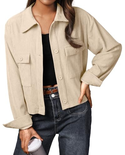IWOLLENCE Jacket Women Ladies Casual Jackets Women’s Corduroy Shirt Jacket UK Lapel Button-Down Long Sleeves with Pockets (Apricot, XL)