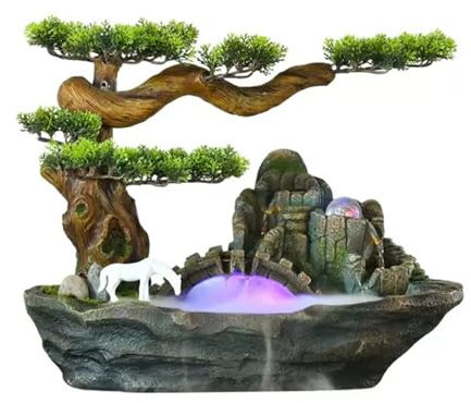 BGFYUSF Fuente de sobremesa Fuente de Estilo Chino para Interiores Fuente de sobremesa Rocalla de Resina Fuente de Cascada Fuente de Agua en Maceta con árbol Falso，