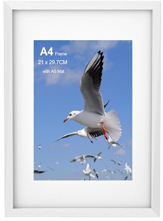 Szyeequoo A4 Picture Frame White 1 Pack, 21 x 29.7 cm Wooden Photo Frame with Mount for A5 14.8 x 21 cm Display, Clear Acrylic Front, Wall Hanging or Tabletop for Certificates Posters Artwork