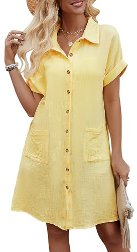 PASUDA Strandöverdrag Dam Strandklänning Sexig Bikini Cover Up Sommar Button Down Skjorta V-ringning Bomull Blus Strandöverdrag Avslappnad Stranddräkt Lång Blusar, Gul, XXL