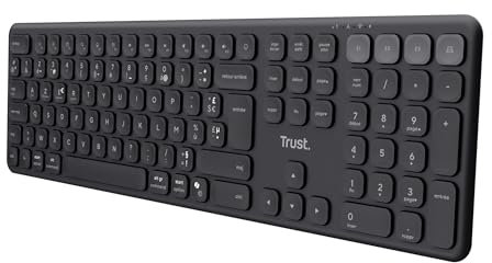 Trust Vaiya - Teclado inalámbrico Bluetooth + 2.4Gz AZERTY francés, Teclado Bluetooth multidispositivo Recargable con Teclado numérico, 55% plástico Reciclado, Windows iOS iPadOS macOS Android, Negro