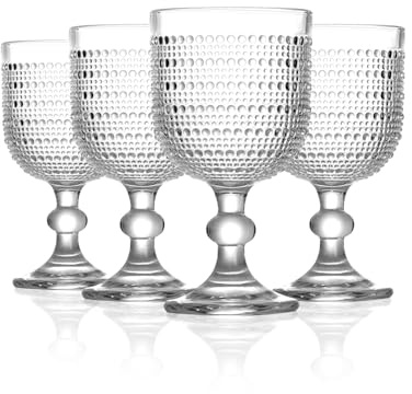 GOROGILE 12 oz Clear Vintage Hobnail Wine Glasses Set of 4, Embossed Goblet Drinking Glasses, Retro Stemmed Glassware for Wedding, Party, Dinner, Bar & Home Daily Use