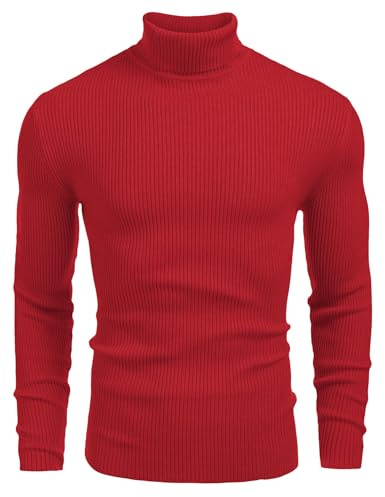 COOFANDY Pull à col roulé Hommes Hiver Elégant Pull Slim fit Hommes Pull en Tricot Rouge XL
