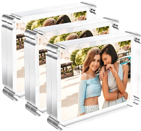 Fvgtuy 5x7 inch Acrylic Magnetic Picture Frame 3 Pack with 10+10mm Thick Block, Clear Double Sided Magnetic Photo Frames with Rounded Corner, Magnets Picture Frameless for Home Office Display