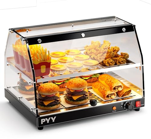 PYY Commercial Food Warmer Display, Electric Countertop Food Warmer with LED Lighting Adjustable Glass Door, 2-Tier Pastry Display Case for Buffet Restaurant Black