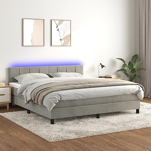 Frdhee Marco de cama para personas mayores, cama con somier con colchón y LED, gris claro, 160 x 200 cm, terciopelo, cama juvenil para habitaciones de invitados y adolescentes