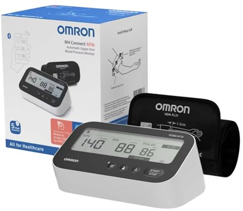 OMRON M4 Connect AFib - Tensiómetro de brazo con Bluetooth, Detección AFib, Brazalete Intelli Wrap 22-42 cm, 3 medidas consecutivas, 2 usuarios, tecnología Intellisense, funda incluida, compatible con