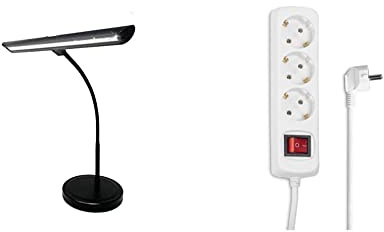 Infitronic IN18LEDKL – 18 LEDs Klavierleuchte, Dimmbar USB Typ-A Ladebuchse (schwarz Variante) & Hama Steckdosenleiste 3-fach (Mehrfachsteckdose, Steckplätze 45 Grad gedreht, Kabel 1,4m) weiß