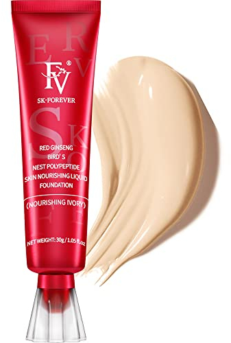 Full Coverage Foundation, FV Flüssige Foundation mit Concealer, Langanhaltend, Feuchtigkeitsspendende Concealer für Trockene Hault Normale Haut Make-up, Vegane Formel, Farbton Nourishing Ivory, 30 ml