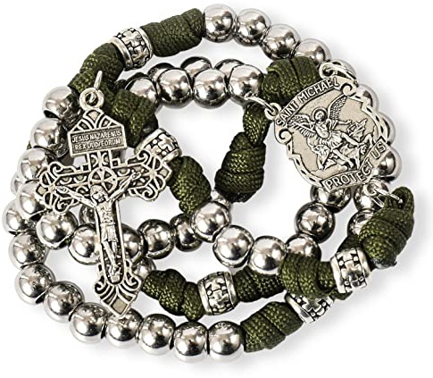 Nazareth Store Rosario in paracord di San Michele collana rosario robusta con cordoncino resistente e crocifisso cattolico del Perdono (Argento)