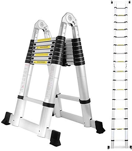 Gimisgu Aluminium Teleskopleiter 5m(2.5m+2.5m) Klappleiter A Typ Ausziehleiter Alu Leiter Tragbare Leiter Mehrzweckleiter 150kg Belastbarkeit Silber