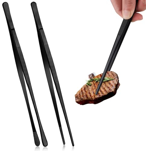 Küchenpinzette Edelstahl, 2 Stück Kochpinzette Professionelle Schwarze Lange Pinzette für Kochen Reparieren Meeresfrüchte und BBQ
