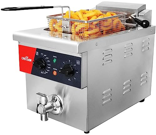 CROSSON Friteuse Electrique Professionnelle en acier inoxydable 8L,230V/3250W Friteuse a Huile électrique avec Robinet,Régulateur de Température 80℃-200℃,avec Panier et Couvercle