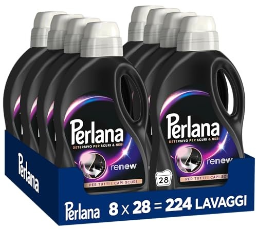 Perlana Detersivo Scuri e Neri (8 confezioni da 28 lavaggi), Detersivo lavatrice liquido per tutti i capi scuri, Detersivo capi neri per fibre rinnovate