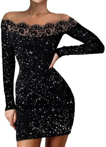 Hanaoops Mini Robe Femme Paillette à Manches Longues Sexy Moulante Robes à Épaules Dénudées Chic Et Elegant Bodycon Scintillantes Robe de Soirée Club Cocktail