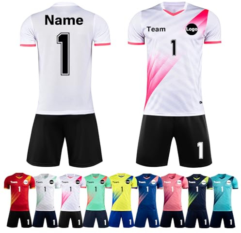 Custom Football Jersey for Adult Kids Men Women Youths Personalised Football Uniform Shirt and Shorts with Name Logo Team Number White Pink