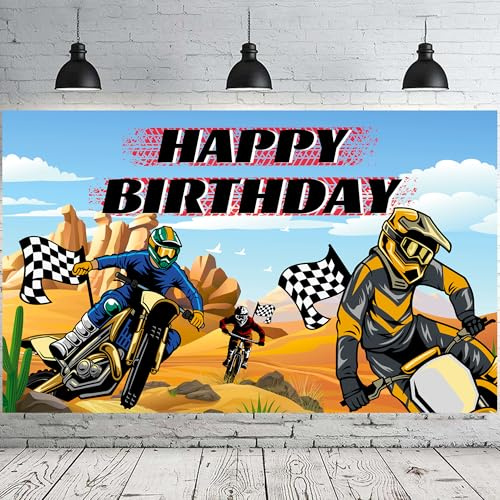 Toile de Fond Joyeux Anniversaire Motocross, 71''x43'' Moto Anniversaire Photographie Toile de Fond pour Decoration de Fête de Motocross