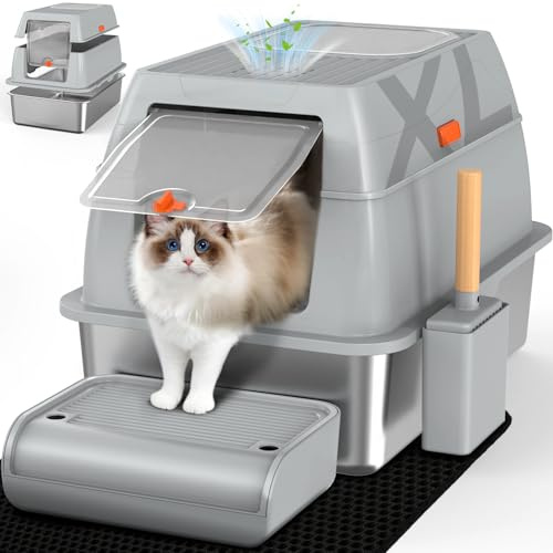 Stainless Steel Cat Litter Box with Lid, XL, Easy to Clean, Odour Control Stainless Steel Cat Litter Tray with Charcoal Filter, Dual-Door Configuration - Grey
