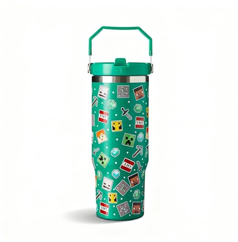 Minecraft 900ml Thermal Travel Mug Water Bottle Tumbler - Leakproof Straw & Lid - Stainless Steel Vacuum Insulated | Cold for 17Hrs - Hot for 5Hrs, Green