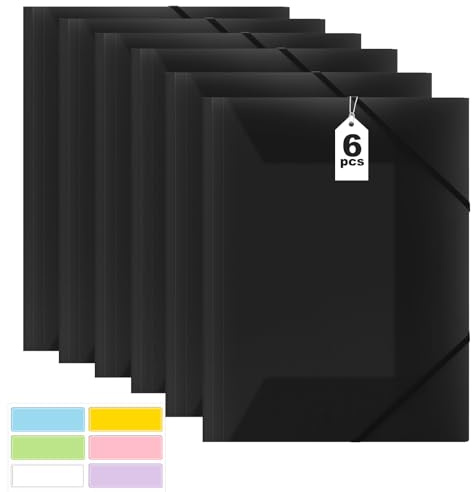 Dokumentmapp A4, samlarmapp 6 stycken, postmapp A4-skola, PP plast organisationsmapp med elastiskt band, för skola, kontorsmaterial (svart)